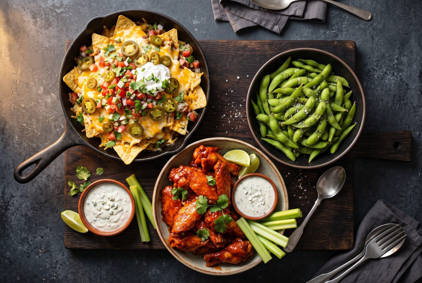 Loaded nachos, wings and edamame